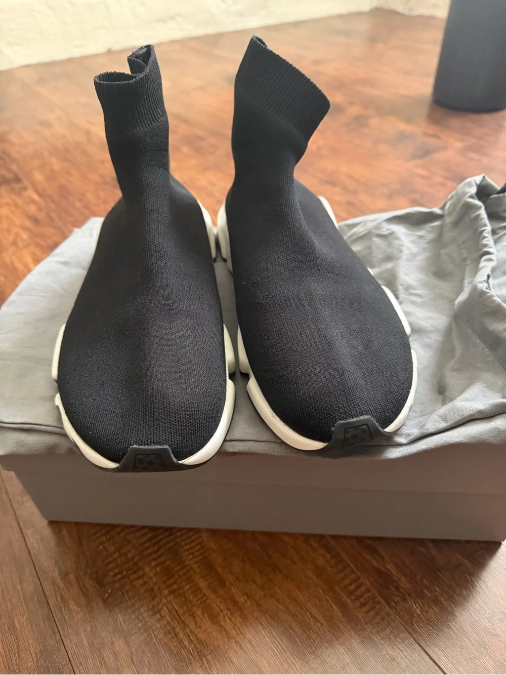 Balenciaga Black Sock Sneaker with White Lettered Sole
